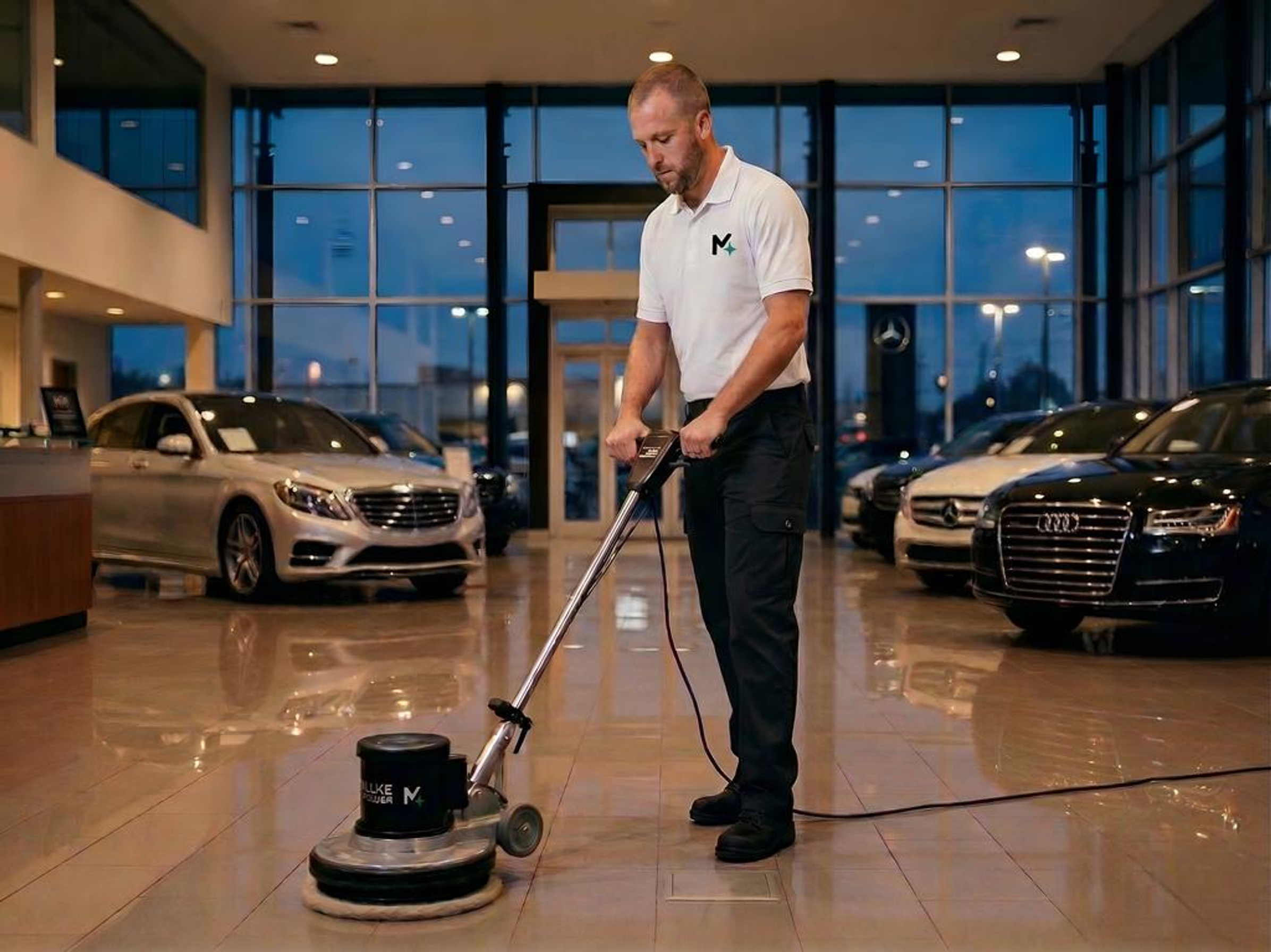 ModaClean professional using floor buffer